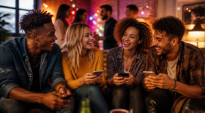 A diverse group of young friends laughing joyfully while holding their smartphones at a cozy modern apartment party, colorful string lights and warm ambient lighting in the background, casual party outfits, dynamic candid moment, vibrant warm color palette, soft bokeh background with people in conversation, photorealistic style, high quality digital photography, golden hour lighting mixed with indoor party lights, joyful and relaxed atmosphere, people aged 20-35