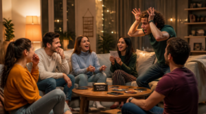 A vibrant, energetic scene of a group of young friends gathered in a cozy modern living room playing a truth or dare game. Warm ambient lighting with string lights, colorful cushions on a comfortable couch, friends laughing and reacting to a challenge. One person is reading a card from a small stack while another one is performing a funny dare with exaggerated gestures. Smartphones are placed aside on a coffee table, suggesting they might record moments later. The atmosphere is joyful, intimate, and playful. Casual modern clothing, dynamic composition, photorealistic style, warm color palette with soft golden tones.
