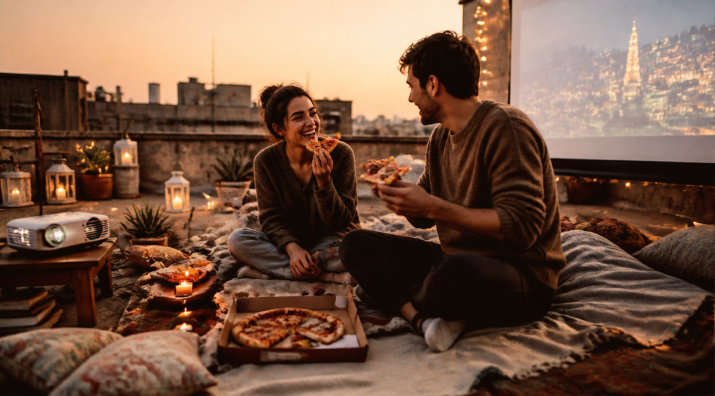 A vibrant, high-quality image depicting a couple engaged in an unusual and fun activity outdoors, like stargazing on a rooftop, painting together in a quirky studio, or having a picnic in an unexpected urban spot. The atmosphere should be joyful, intimate, and full of connection, emphasizing shared laughter and unique experiences. Use warm, inviting colors and soft lighting. Focus on their interaction and the unique setting, not just the faces. Artistic, cinematic style.