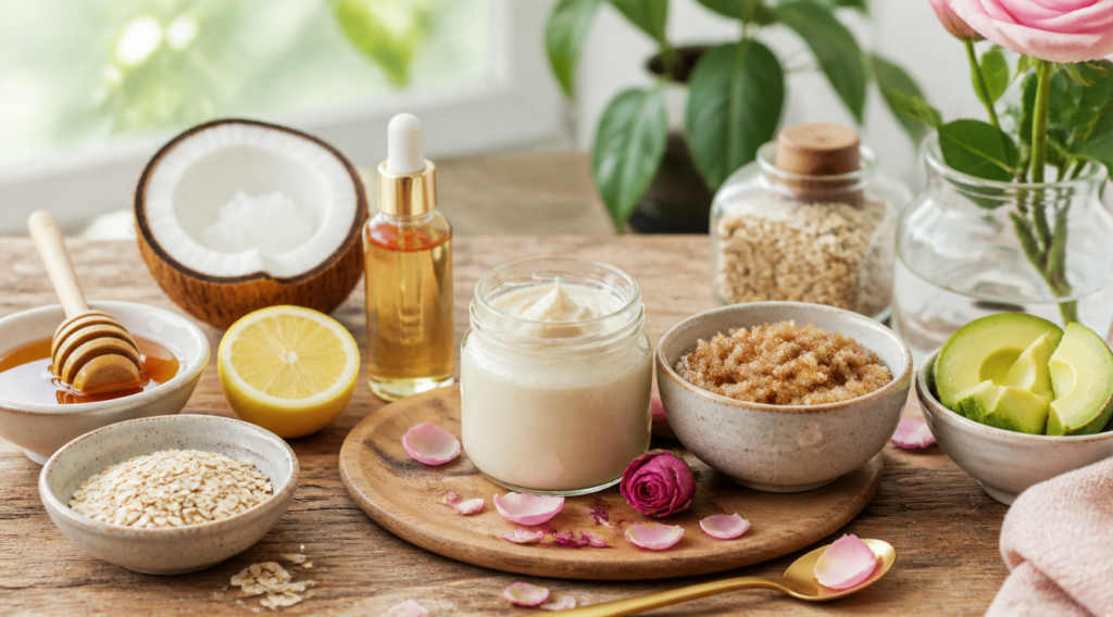 A bright, airy flat-lay photography scene on a rustic wooden kitchen table, featuring an arrangement of natural skincare ingredients and homemade beauty products: a small glass jar with a creamy face mask, a bowl of sugar scrub, a bottle of facial serum with a dropper, fresh ingredients like honey, avocado slices, oats, coconut oil, lemon, and rose petals. Soft natural daylight streaming from a window, blurred green plants in the background, minimalist aesthetic, warm pastel tones, high-resolution editorial style photography, shallow depth of field, clean and organic composition, lifestyle blog visual style.