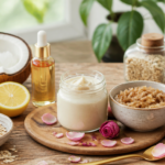 A bright, airy flat-lay photography scene on a rustic wooden kitchen table, featuring an arrangement of natural skincare ingredients and homemade beauty products: a small glass jar with a creamy face mask, a bowl of sugar scrub, a bottle of facial serum with a dropper, fresh ingredients like honey, avocado slices, oats, coconut oil, lemon, and rose petals. Soft natural daylight streaming from a window, blurred green plants in the background, minimalist aesthetic, warm pastel tones, high-resolution editorial style photography, shallow depth of field, clean and organic composition, lifestyle blog visual style.