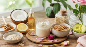 A bright, airy flat-lay photography scene on a rustic wooden kitchen table, featuring an arrangement of natural skincare ingredients and homemade beauty products: a small glass jar with a creamy face mask, a bowl of sugar scrub, a bottle of facial serum with a dropper, fresh ingredients like honey, avocado slices, oats, coconut oil, lemon, and rose petals. Soft natural daylight streaming from a window, blurred green plants in the background, minimalist aesthetic, warm pastel tones, high-resolution editorial style photography, shallow depth of field, clean and organic composition, lifestyle blog visual style.