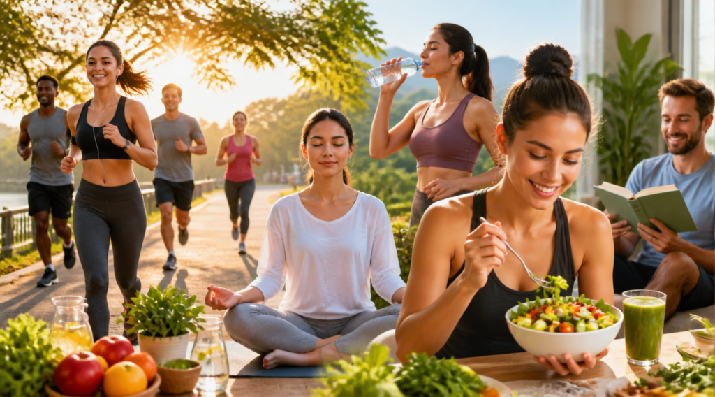A vibrant, uplifting image depicting various healthy lifestyle habits. Show a diverse group of people engaging in activities like jogging in a park at sunrise, meditating peacefully, enjoying a fresh, colorful salad, drinking water, and reading a book. The scene should convey energy, serenity, and well-being, with natural light and a soft, inviting color palette. Focus on a harmonious composition that suggests balance and health.