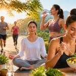 A vibrant, uplifting image depicting various healthy lifestyle habits. Show a diverse group of people engaging in activities like jogging in a park at sunrise, meditating peacefully, enjoying a fresh, colorful salad, drinking water, and reading a book. The scene should convey energy, serenity, and well-being, with natural light and a soft, inviting color palette. Focus on a harmonious composition that suggests balance and health.