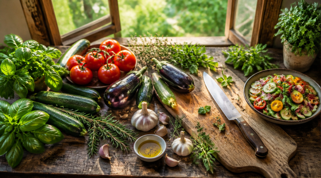 A stunning overhead flat-lay photograph of a rustic wooden kitchen table filled with freshly harvested vegetables and herbs from a garden: vibrant red tomatoes, green zucchini, purple eggplants, fresh basil, rosemary, thyme, and mint sprigs still with morning dew drops. Beside the vegetables, there is a wooden cutting board with a chef's knife, a bowl of olive oil, garlic bulbs, and a partially prepared colorful salad. Soft natural sunlight streams through a nearby window, casting warm golden light across the scene. The background shows a blurred lush green garden visible through an open window. Professional food photography style, high resolution, vibrant colors, shallow depth of field, magazine-quality composition.