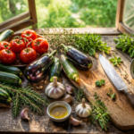 A stunning overhead flat-lay photograph of a rustic wooden kitchen table filled with freshly harvested vegetables and herbs from a garden: vibrant red tomatoes, green zucchini, purple eggplants, fresh basil, rosemary, thyme, and mint sprigs still with morning dew drops. Beside the vegetables, there is a wooden cutting board with a chef's knife, a bowl of olive oil, garlic bulbs, and a partially prepared colorful salad. Soft natural sunlight streams through a nearby window, casting warm golden light across the scene. The background shows a blurred lush green garden visible through an open window. Professional food photography style, high resolution, vibrant colors, shallow depth of field, magazine-quality composition.