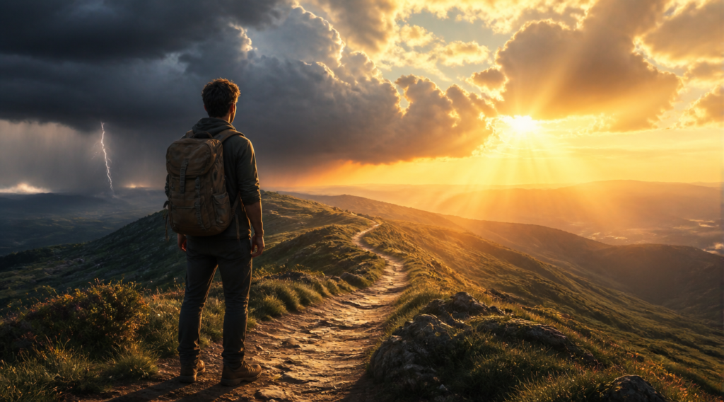 A person standing on a winding path, looking towards a horizon with both stormy clouds and rays of sunshine. The path represents life's journey, with some sections clear and others obscured. The person has a determined yet calm expression. The overall mood is hopeful and empowering. High-quality digital painting, vibrant colors, symbolic imagery.
