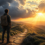 A person standing on a winding path, looking towards a horizon with both stormy clouds and rays of sunshine. The path represents life's journey, with some sections clear and others obscured. The person has a determined yet calm expression. The overall mood is hopeful and empowering. High-quality digital painting, vibrant colors, symbolic imagery.