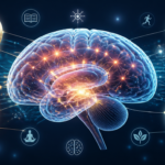 A vibrant, futuristic brain graphic with interconnected neural pathways glowing. The brain should be partially translucent, revealing complex networks. Surrounding it are subtle representations of various activities like reading, meditation, exercise, and healthy food, symbolizing memory improvement techniques. The style should be modern, clean, and slightly abstract, with a focus on light and energy. High quality, digital art, scientific illustration.