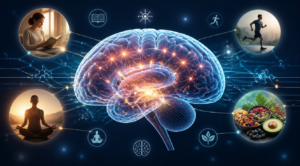 A vibrant, futuristic brain graphic with interconnected neural pathways glowing. The brain should be partially translucent, revealing complex networks. Surrounding it are subtle representations of various activities like reading, meditation, exercise, and healthy food, symbolizing memory improvement techniques. The style should be modern, clean, and slightly abstract, with a focus on light and energy. High quality, digital art, scientific illustration.