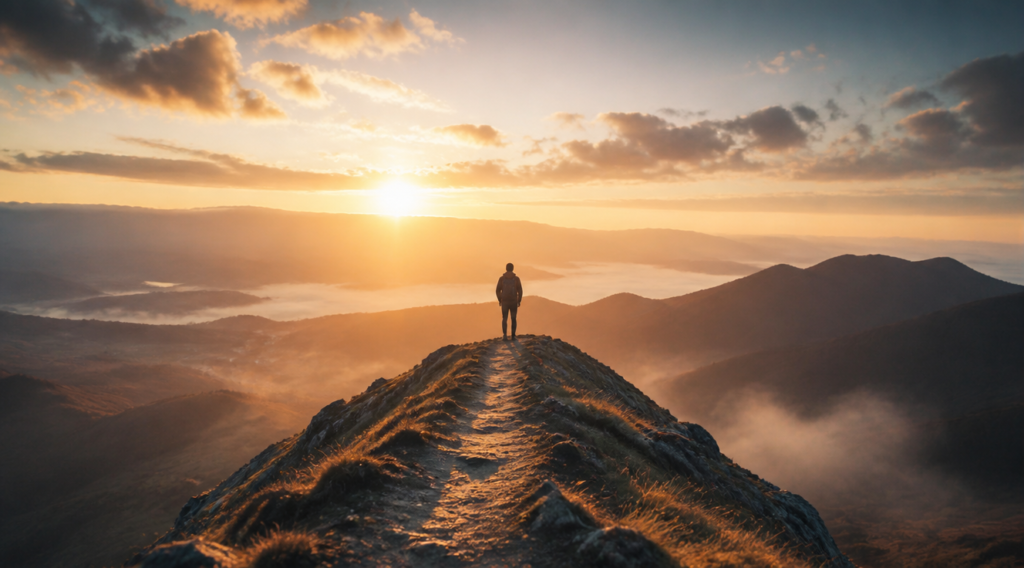 A cinematic, high-quality photograph of a person standing at the edge of a misty mountain summit at golden hour, looking out over a vast landscape of rolling hills and a glowing sunrise. The figure is silhouetted but conveys contemplation and inner peace, wearing simple hiking clothes. A winding path leads up to the summit, symbolizing the journey toward purpose and meaning. Soft warm light, volumetric fog, photorealistic, shot on 35mm lens, shallow depth of field, inspirational mood, muted earth tones with golden highlights, ultra-detailed, 8K resolution.