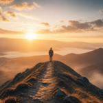 A cinematic, high-quality photograph of a person standing at the edge of a misty mountain summit at golden hour, looking out over a vast landscape of rolling hills and a glowing sunrise. The figure is silhouetted but conveys contemplation and inner peace, wearing simple hiking clothes. A winding path leads up to the summit, symbolizing the journey toward purpose and meaning. Soft warm light, volumetric fog, photorealistic, shot on 35mm lens, shallow depth of field, inspirational mood, muted earth tones with golden highlights, ultra-detailed, 8K resolution.