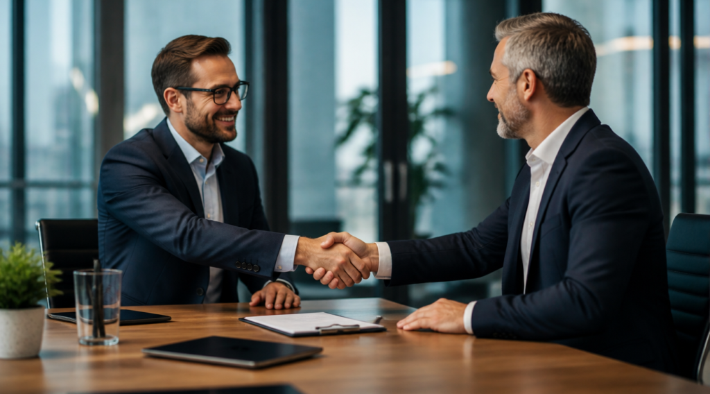A photorealistic business scene depicting two confident professionals engaged in a successful negotiation across a sleek modern conference table, one extending a firm handshake while both maintain composed, assertive body language, contemporary corporate office with floor-to-ceiling glass windows, soft natural daylight streaming in, muted color palette of navy blue, charcoal gray, and warm wood tones, subtle background bokeh, professional business magazine editorial style, high resolution, cinematic composition with rule of thirds