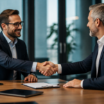 A photorealistic business scene depicting two confident professionals engaged in a successful negotiation across a sleek modern conference table, one extending a firm handshake while both maintain composed, assertive body language, contemporary corporate office with floor-to-ceiling glass windows, soft natural daylight streaming in, muted color palette of navy blue, charcoal gray, and warm wood tones, subtle background bokeh, professional business magazine editorial style, high resolution, cinematic composition with rule of thirds
