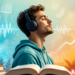 A vibrant, modern illustration depicting a person wearing headphones, surrounded by abstract elements representing sound waves, books, and knowledge. The background should be a blend of soft, inviting colors, suggesting a sense of calm and focus. Elements like subtle book icons, brain synapses, and growth arrows could be incorporated. The style should be clean, digital, and inviting, suitable for a blog post cover. High quality, detailed, and visually engaging.