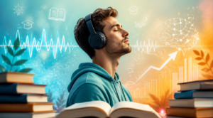 A vibrant, modern illustration depicting a person wearing headphones, surrounded by abstract elements representing sound waves, books, and knowledge. The background should be a blend of soft, inviting colors, suggesting a sense of calm and focus. Elements like subtle book icons, brain synapses, and growth arrows could be incorporated. The style should be clean, digital, and inviting, suitable for a blog post cover. High quality, detailed, and visually engaging.