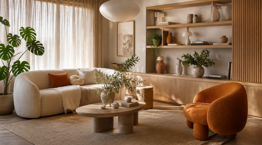 A modern, cozy living room interior showcasing 2025 interior design trends, featuring warm earthy color palette with terracotta, sand beige, and muted olive tones, natural materials such as light oak wood, raw linen, and rattan, organic curved furniture with soft rounded edges, sculptural ceramic vases, indoor plants like monstera and olive branches, soft diffused natural lighting streaming through linen curtains, minimalist Scandinavian-Romanian contemporary style, layered textures, photorealistic, high resolution, architectural digest style photography, warm inviting atmosphere