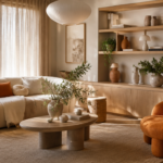 A modern, cozy living room interior showcasing 2025 interior design trends, featuring warm earthy color palette with terracotta, sand beige, and muted olive tones, natural materials such as light oak wood, raw linen, and rattan, organic curved furniture with soft rounded edges, sculptural ceramic vases, indoor plants like monstera and olive branches, soft diffused natural lighting streaming through linen curtains, minimalist Scandinavian-Romanian contemporary style, layered textures, photorealistic, high resolution, architectural digest style photography, warm inviting atmosphere