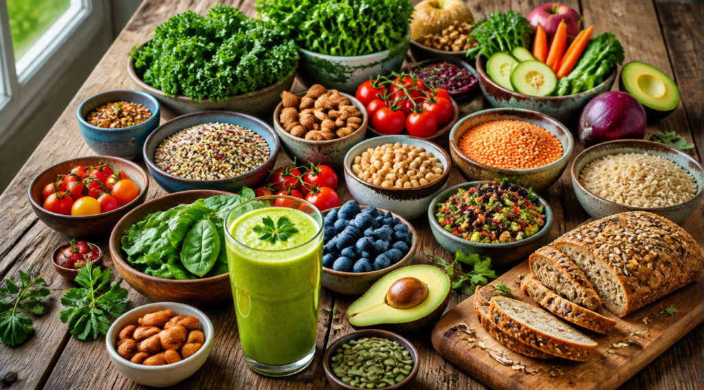 A bright, high-quality editorial photograph of a rustic wooden table filled with an abundant, colorful spread of whole plant-based foods: fresh leafy greens, ripe tomatoes, avocados, berries, whole grains like quinoa and brown rice in ceramic bowls, lentils, chickpeas, almonds, walnuts, pumpkin seeds, and sliced whole-grain bread. Soft natural daylight streaming from a window, shallow depth of field, vibrant colors, fresh herbs scattered around, a glass of green smoothie in the foreground, top-down 45-degree angle, magazine-style food photography, clean and inviting atmosphere, ultra-realistic, 4K resolution.