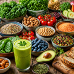 A bright, high-quality editorial photograph of a rustic wooden table filled with an abundant, colorful spread of whole plant-based foods: fresh leafy greens, ripe tomatoes, avocados, berries, whole grains like quinoa and brown rice in ceramic bowls, lentils, chickpeas, almonds, walnuts, pumpkin seeds, and sliced whole-grain bread. Soft natural daylight streaming from a window, shallow depth of field, vibrant colors, fresh herbs scattered around, a glass of green smoothie in the foreground, top-down 45-degree angle, magazine-style food photography, clean and inviting atmosphere, ultra-realistic, 4K resolution.